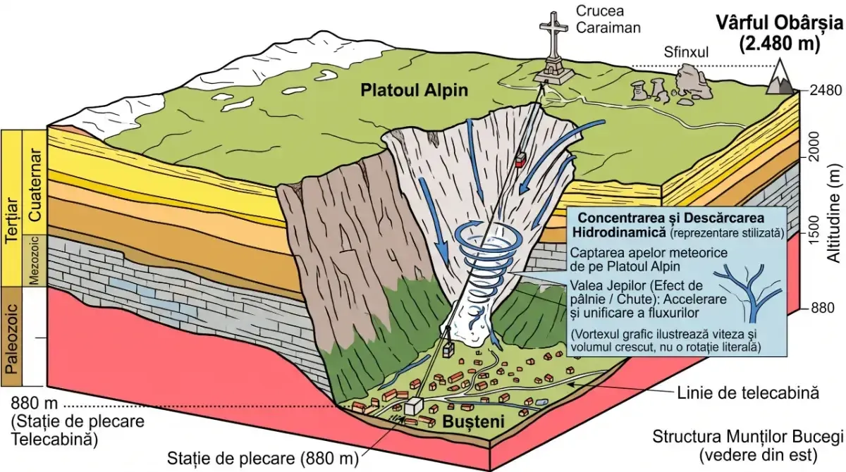 Inundații Bușteni: captarea apelor pe Platoul Alpin și efectul de pâlnie al Văii Jepilor