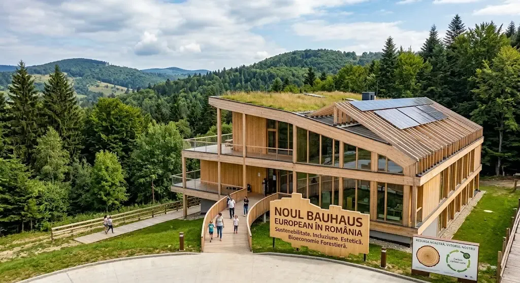 Clădire modernă din lemn și sticlă, cu acoperiș verde, la marginea pădurii; la intrare, un panou cu textul „Noul Bauhaus European în România”