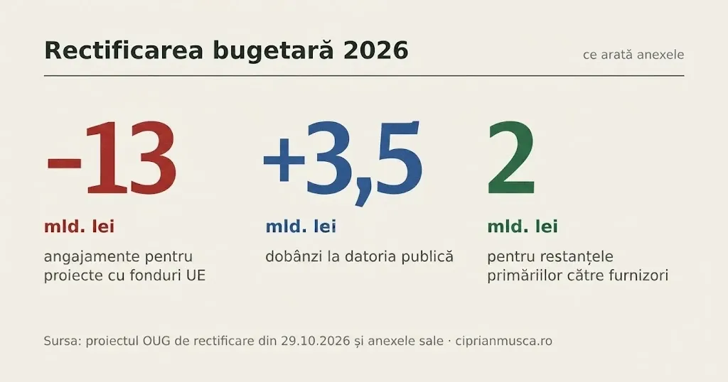 Rectificarea bugetară 2026 în trei cifre: −13 mld. lei angajamente pentru proiecte cu fonduri UE, +3,5 mld. lei dobânzi la datoria publică, 2 mld. lei pentru restanțele primăriilor către furnizori